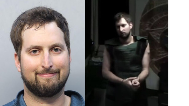 A man smiles in a mugshot and appears in handcuffs at a court hearing.